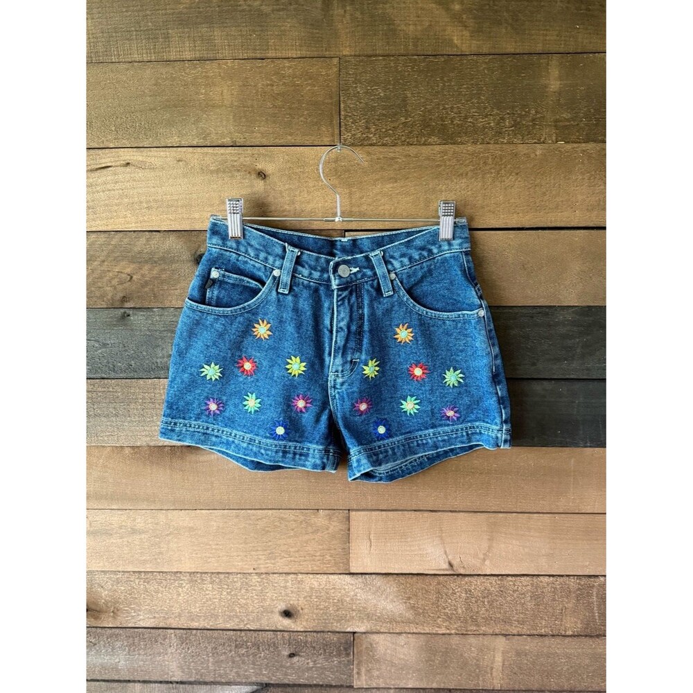 Vintage Y2K Denim Floral Embroidered Shorts Colorful Daisy Low Rise